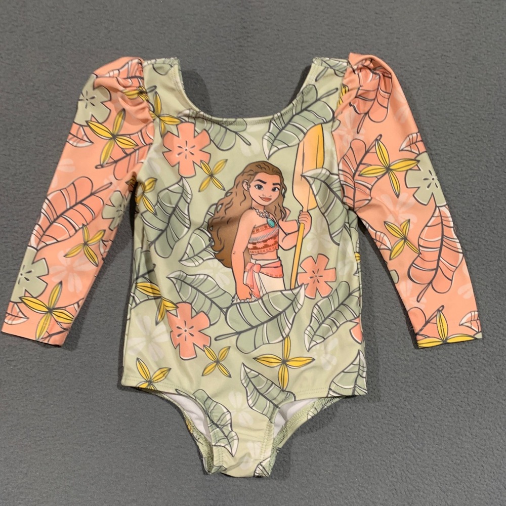 Disney Princess Moana 18M Rash Guard L/S One Piece Swimsuit Sage Peach Floral